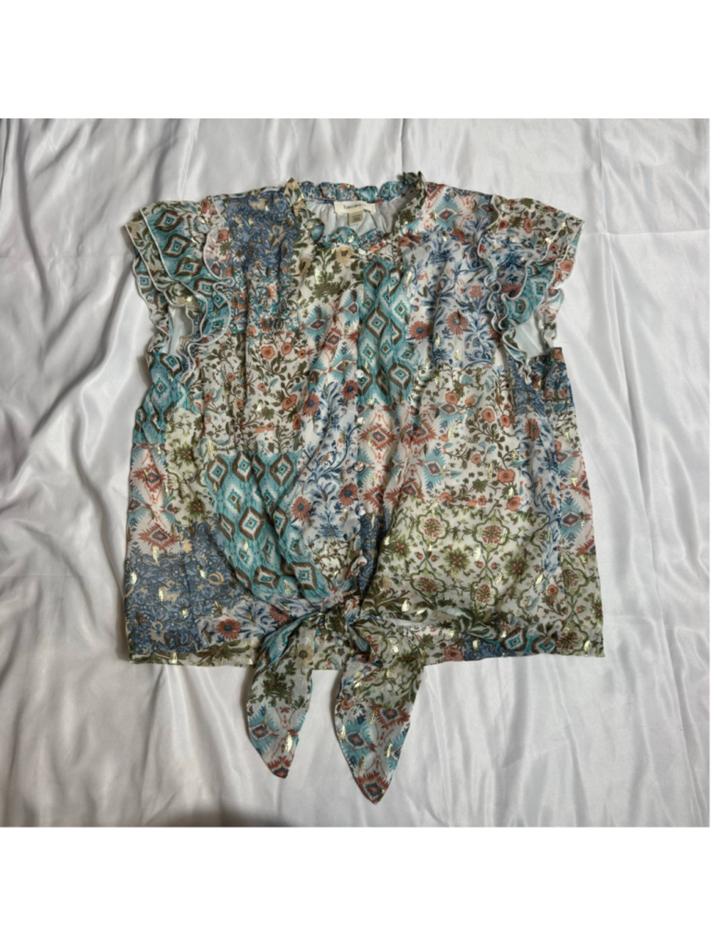 Women's Tamara H Blouse Size M Blue White Floral Patchwork Tie Front Top